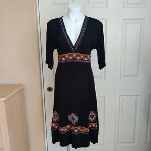 Seventh Avenue embroidered boho deep V stretch dress L